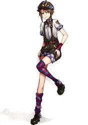  1girl arm_warmers asymmetrical_clothes boots brown_eyes brown_hair buttons chikuwa_udon hat highres looking_at_viewer original ribbon shirt short_hair shorts simple_background solo striped striped_legwear white_background 