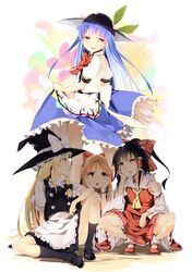  ascot bad_id black_hair black_legwear blonde_hair blue_hair bow braid detached_sleeves floral_background food footwear fruit hair_bow hair_tubes hakurei_reimu hand_on_own_cheek hand_on_own_face hands_on_another's_cheeks hands_on_another's_face hands_on_cheeks hands_on_own_cheeks hands_on_own_face hat highres hinanawi_tenshi horns ibuki_suika japanese_clothes kirisame_marisa long_hair looking_up mary_janes miko multiple_girls open_mouth orange_hair peach ponytail red_eyes shirt shoes sitting skirt skirt_hold skirt_set socks squatting standing stare subachi touhou under_skirt upskirt white_legwear witch witch_hat wrist_cuffs yellow_eyes 