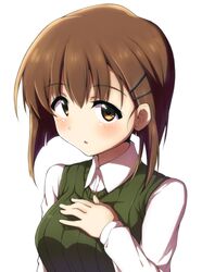  1girl blush brown_hair hagiwara_yukiho hair_ornament hairclip highres idolmaster long_sleeves rariemonn short_hair solo white_background yellow_eyes 