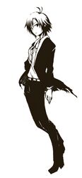  1girl antenna_hair belt formal idolmaster kidachi kikuchi_makoto long_sleeves monochrome short_hair solo suit torn_clothes white_background 
