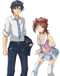 1boy 1girl amami_haruka belt black_hair breasts brown_eyes brown_hair choker cleavage collarbone detached_collar formal glasses green_eyes hair_ribbon heart idolmaster necktie producer_(idolmaster) ribbon sei2makoto short_hair sleeveless sleeves_rolled_up smile suit thighhighs white_background white_legwear wink