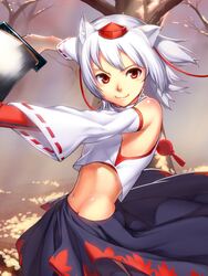  1girl akisa_(12023648) animal_ears armpits bare_shoulders detached_sleeves hat inubashiri_momiji mound_of_venus navel red_eyes short_hair skirt smile snow solo sword tokin_hat touhou tree weapon white_hair wolf_ears 