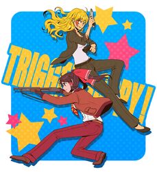  2girls blonde_hair bow brown_hair dual_wielding gun hair_bow hair_tubes hakurei_reimu highres kirisame_marisa long_hair multiple_girls necktie scar shotgun snowchild weapon yukkuritachi_no_cthulhu_no_yobikoe 