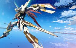  flying gundam gundam_seed gundam_seed_a-star highres mecha mobile_suit_gundam no_humans ocean original sky sparkle starlight_(stack) sword tsx-08a_a-star water weapon 