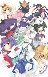  anchor black_hair blonde_hair blue_hair breasts brown_eyes chakram detached_sleeves from_behind gohei gradient_hair green_eyes green_hair grey_hair hair_ribbon hat heterochromia highres hijiri_byakuren hood hoop houjuu_nue karakasa_obake kochiya_sanae kumoi_ichirin large_breasts midriff moriya's_iron_rings moriya's_iron_rings moriya_suwako multicolored_hair multiple_girls murasa_minamitsu nazrin pointy_ears purple_hair red_eyes ribbon sailor sailor_hat scroll sesield shawl tatara_kogasa toramaru_shou touhou ufo umbrella undefined_fantastic_object unzan wings yasaka_kanako 