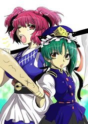  aku_(dejigiga) breasts green_hair hair_bobbles hair_ornament hat multiple_girls onozuka_komachi open_mouth red_eyes red_hair redhead rod_of_remorse scythe shikieiki_yamaxanadu tears touhou translated translation_request twintails wink yawning yellow_eyes 