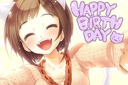  1girl animal_ears blush brown_hair cat cat_ears cat_tail closed_eyes collarbone fang happy_birthday idolmaster idolmaster_cinderella_girls long_sleeves maekawa_miku open_mouth short_hair solo tail tilm 