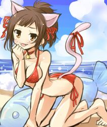  1girl animal_ears beach bikini blush breasts brown_hair cat_ears cat_tail cleavage clouds collarbone fang fish idolmaster idolmaster_cinderella_girls maekawa_miku open_mouth ponytail short_hair sky solo swimsuit tail tilm yellow_eyes 