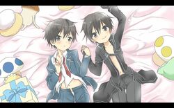  2boys black_eyes black_hair coat dual_persona funghi kirito male multiple_boys mushroom nyame school_uniform short_hair sword_art_online 