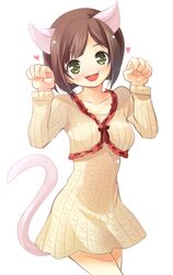  1girl animal_ears blush brown_hair cat_ears cat_tail collarbone green_eyes heart heart-shaped_pupils idolmaster idolmaster_cinderella_girls long_sleeves maekawa_miku open_mouth paw_pose short_hair solo symbol-shaped_pupils tail tilm white_background 