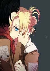  2girls black_eyes black_hair blonde_hair blue_eyes blush christa_renz hinagi_(fox_priest) hug jacket looking_at_viewer mikasa_ackerman multiple_girls scarf shingeki_no_kyojin short_hair strap uniform 