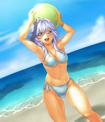  armpits arms_up ball beach beachball bikini blush breasts cloud collarbone lavender_eyes lavender_hair navel ocean onsoku_maru open_mouth shiony_regis side-tie_bikini sky smile solo super_robot_wars super_robot_wars_z2 swimsuit thighs under_boob underboob water white_bikini 