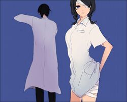  akota bandage bandage_over_one_eye bandages black_hair braid eyepatch face itoshiki_mikoto kobushi_abiru labcoat nurse purple_eyes sayonara_zetsubou_sensei short_hair simple_background twin_braids twintails violet_eyes 