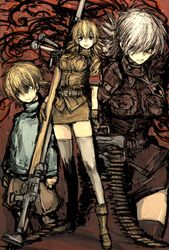 ammunition_belt blonde_hair blue_eyes breasts gloves gun hellsing highres moto_murabito multiple_persona open_mouth police police_uniform policewoman red_eyes seras_victoria smile tears thigh-highs thighhighs uniform weapon white_legwear young 