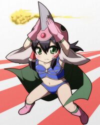  :d armor bikini_armor black_hair blush_stickers boots cape chichi chichi_(cosplay) cloud cosplay dragon_ball gloves green_eyes hair_tubes hakurei_reimu helmet highres jeno long_hair navel open_mouth smile solo star touhou 