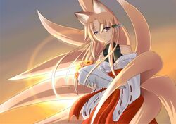  animal_ears bell bell_(midnight_sun) flower fox_ears fox_tail japanese_clothes miko original sun tail 
