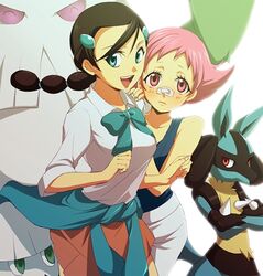  abomasnow bandaid black_hair blue_eyes blush cameltoe gym_leader hair_ornament hairclip hirococo hirococo_(hakka) lowres lucario multi-tied_hair multiple_girls pink_eyes pink_hair pokemon pokemon_(game) pokemon_dppt ribbon school_uniform skirt sleeves_rolled_up snover sumomo_(pokemon) suzuna_(pokemon) sweater_around_waist 