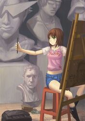  brown_hair bust char_aznable denim denim_shorts easel glasses green_eyes gundam helmet higurashi_no_naku_koro_ni jean_shorts kamina kamina_shades mobile_suit_gundam ryuugu_rena shirajira shorts smile tengen_toppa_gurren_lagann tomitake_jirou 
