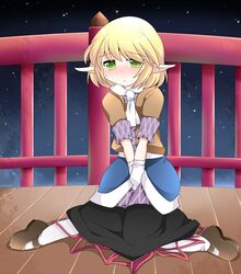  1girl blonde_hair bridge green_eyes hammer_(sunset_beach) mary_janes mizuhashi_parsee pointy_ears scarf shoes short_hair sitting skirt solo touhou wariza 