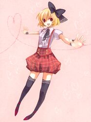  alternate_costume black_legwear black_thighhighs blonde_hair hair_ornament hair_ribbon heart heart_of_string munya red_eyes red_string ribbon rumia short_hair smile solo stockings string suspenders the_embodiment_of_scarlet_devil thighhighs touhou youkai 