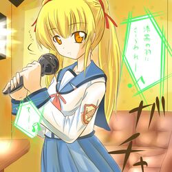  blonde_hair brown_eyes couch haribote highres karaoke long_hair microphone school_uniform serafuku translation_request twintails yusa_(angel_beats!) 