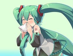 1girl blowing_nose closed_eyes detached_sleeves green_hair hatsune_miku headphones long_hair masuneko nail_polish necktie solo thighhighs twintails very_long_hair vocaloid