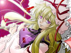  1girl blonde_hair bow breasts frills hair_bow hat hat_ribbon hishou_kotatsu long_hair parasol ribbon solo touhou umbrella violet_eyes yakumo_yukari 