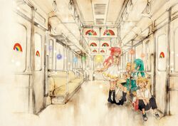  bad_id bag black_legwear bow bus candy casual closed_eyes dress earphones eyes_closed hair_bow hair_ornament hatsune_miku headphones heart kagamine_len kagamine_rin kuwahara_souta lollipop long_hair megurine_luka multiple_girls musical_note nanase_kanon neckerchief open_collar rainbow sailor_dress short_hair singing socks train twintails vocaloid 