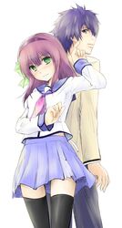  back-to-back daiki green_eyes noda_(angel_beats!) purple_hair school_uniform serafuku short_hair thigh-highs thighhighs yuri_(angel_beats!) zettai_ryouiki 