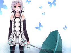  androgynous black_legwear butterfly coat detached_sleeves earphones green_eyes grey_hair male open_mouth pantyhose petarou solo tears umbrella utatane_piko vocaloid water white_background white_hair 
