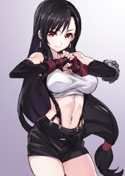  1girl bare_shoulders black_hair breasts earrings final_fantasy final_fantasy_vii fingerless_gloves gloves jewelry long_hair matsuryuu solo tifa_lockhart very_long_hair violet_eyes 
