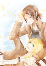  2girls black_hair blonde_hair christa_renz flower hair_flower hair_ornament holding_hands multiple_girls shingeki_no_kyojin short_hair usausagiren ymir_(shingeki_no_kyojin) 