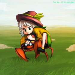  crossover grass green_eyes hat highres komeiji_koishi meadow mibuki397 parasect pokemon riding short_hair silver_hair skirt smile the_war_of_koishi_chan touhou 