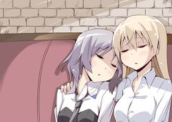  blonde_hair blush closed_eyes couch eila_ilmatar_juutilainen eyes_closed hajime_(kinyou_club) hand_on_shoulder head_on_shoulder long_hair military military_uniform multiple_girls necktie sanya_v_litvyak shirt short_hair silver_hair sleeping strike_witches uniform 