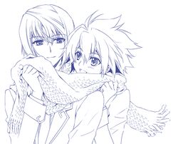  blush carnelian male monochrome multiple_boys open_mouth scarf school_uniform shared_scarf shindou_sugata smile star_driver tsunashi_takuto 