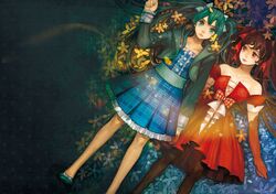  alternate_hair_color aqua_eyes aqua_hair detached_sleeves dress dual_persona green_eyes green_hair hatsune_miku long_hair multiple_girls pantyhose qisa red_eyes red_hair twintails vocaloid zatsune_miku 