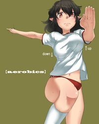  alternate_costume bakuya black_hair bouncing_breasts breasts buruma directional_arrow english exercise face foreshortening gym_uniform hands highres kneehighs large_breasts navel no_bra outstretched_arms pointy_ears red_eyes shameimaru_aya short_hair simple_background solo sweat taut_shirt touhou unaligned_breasts white_legwear 