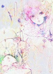  ame_tame bad_id closed_eyes eyes_closed frills green_hair highres komeiji_koishi komeiji_satori multiple_girls pale_color pale_colors pink_hair short_hair siblings sisters string touhou upside-down 