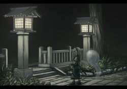  east_asian_architecture hitodama katana konpaku_youmu konpaku_youmu_(ghost) lantern myon sasaj solo stairs sword touhou weapon 
