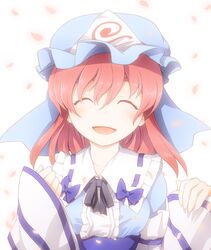  1girl blush closed_eyes hat japanese_clothes paji petals pink_hair saigyouji_yuyuko short_hair smile solo touhou triangular_headpiece 
