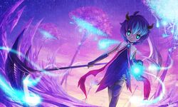  blue_eyes dutch_angle elbow_gloves expressionless fantasy gloves glowing highres horns original purple scythe sdmsadism short_hair sleeveless thigh-highs thighhighs tree walking 