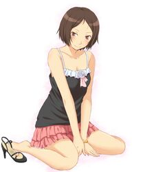  bare_shoulders barefoot between_legs bracelet breasts brown_eyes brown_hair camisole cleavage hand_between_legs high_heels jewelry kneeling kurosawa_noriko pleated_skirt shoes shoes_removed short_hair sitting skirt smile solo spaghetti_strap toki_(artist) v_arms wariza 