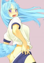 1girl animal_ears ass blue_hair blush breasts buruma dressing fox_ears fox_tail gym_uniform long_hair looking_at_viewer nekoge original panties solo tail tears thighhighs underwear violet_eyes