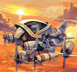  airplane beard cloud facial_hair goggles lack midriff original propeller sunset turboprop 