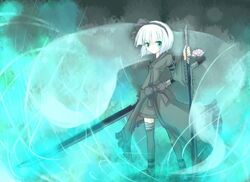  alternate_costume cicin ghost green_eyes hair_ribbon hitodama katana konpaku_youmu konpaku_youmu_(ghost) myon ribbon scabbard sheath silver_hair solo sword touhou weapon 