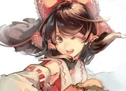  1girl ;d ascot bow brown_eyes brown_hair bust detached_sleeves hair_bow hair_tubes hakurei_reimu open_mouth pisoshi smile solo touhou wink 