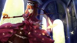  blue_eyes bow butterfly candle dress elbow_gloves eva_beatrice flower frills gloves grin hat highres hiragi_rin orange_hair ribbon rose smile solo staff umineko_no_naku_koro_ni 
