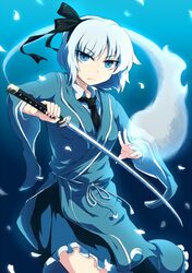  adapted_costume blue_eyes blue_hair fighting_stance frown ghost hairband hitodama katana konpaku_youmu konpaku_youmu_(ghost) myon necktie petals short_hair silver_hair simple_background solo sword touhou weapon whitesesame 