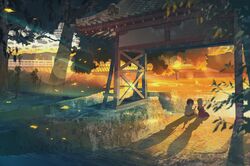  2girls :t blurry colorful dango depth_of_field evening food friends from_behind highres maribel_hearn multiple_girls river scenery shadow sitting sparkle sunset tokoroten_(hmmuk) torii touhou tree usami_renko wagashi water 