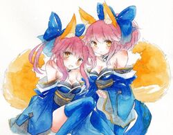  2girls animal_ears bare_shoulders blue_legwear bow breasts caster_(fate/extra) cleavage detached_sleeves dual_persona fate/extra fate_(series) fina_(sa47rin5) fox_ears fox_tail hair_bow hair_ribbon japanese_clothes long_hair multiple_girls open_mouth pink_hair ribbon smile tail thigh-highs traditional_media twintails watercolor_(medium) yellow_eyes 